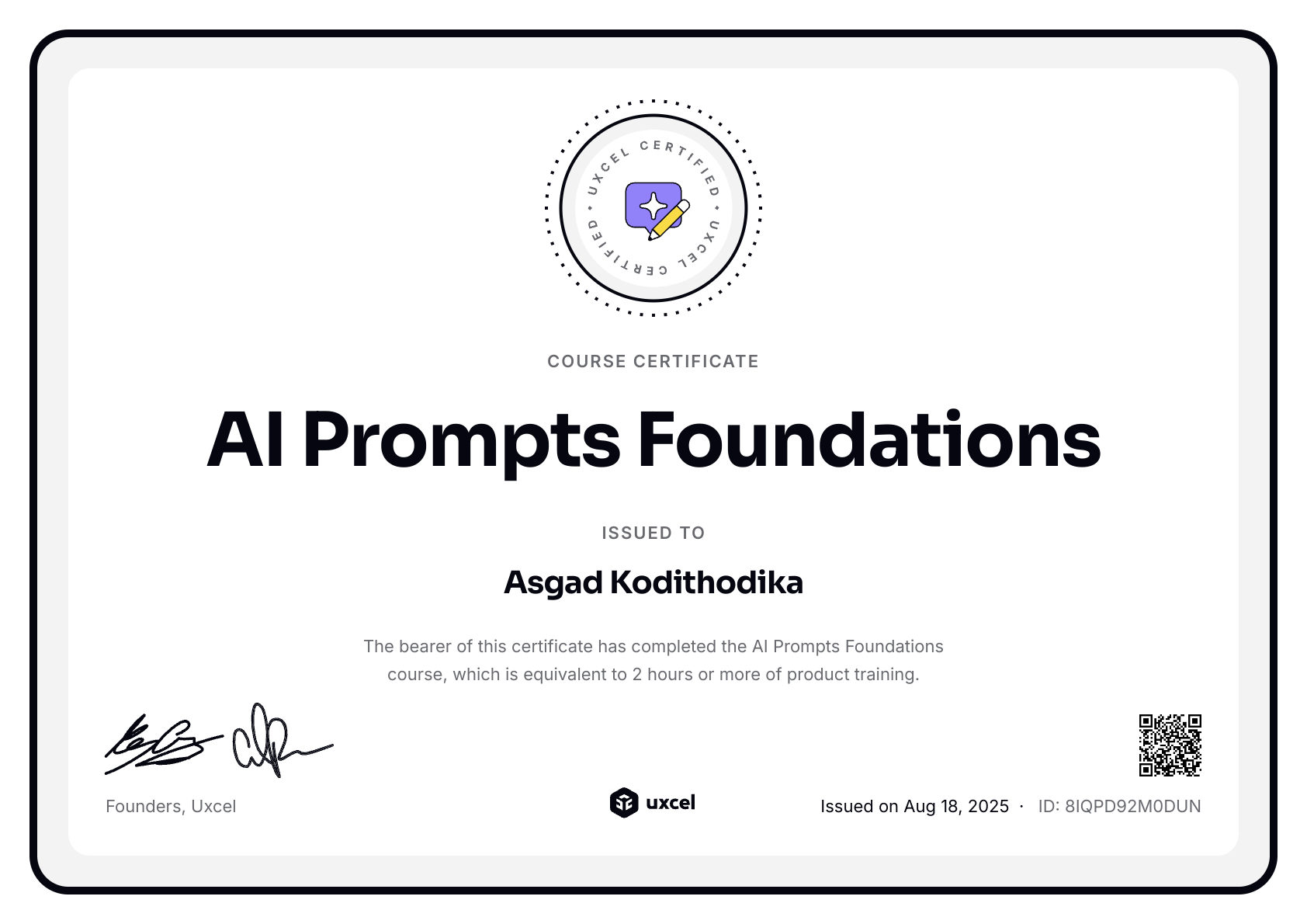 Asgad Kodithodika's certificate